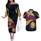 Personalized Brisbane Lions Football Couples Matching Off The Shoulder Long Sleeve Dress and Hawaiian Shirt Easter Egg Pattern Maroon Gold Tribal Dot Art Style