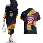Personalized Brisbane Lions Football Couples Matching Off The Shoulder Long Sleeve Dress and Hawaiian Shirt Easter Egg Pattern Maroon Gold Tribal Dot Art Style