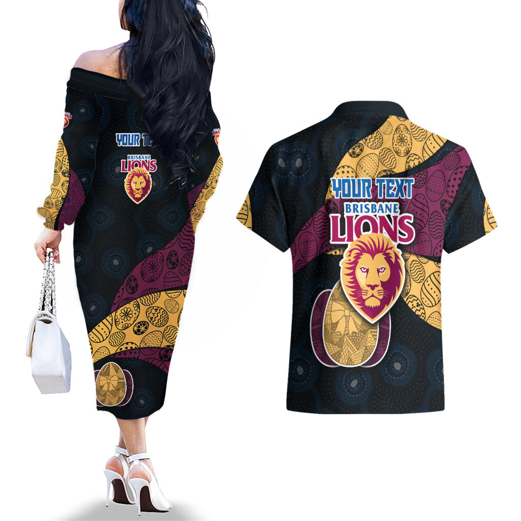 Personalized Brisbane Lions Football Couples Matching Off The Shoulder Long Sleeve Dress and Hawaiian Shirt Easter Egg Pattern Maroon Gold Tribal Dot Art Style
