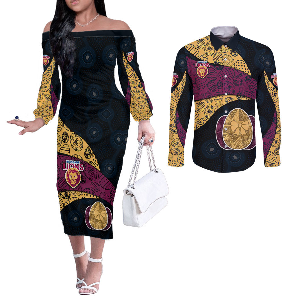 Personalized Brisbane Lions Football Couples Matching Off The Shoulder Long Sleeve Dress and Long Sleeve Button Shirt Easter Egg Pattern Maroon Gold Tribal Dot Art Style
