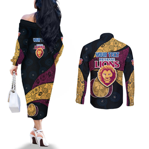 Personalized Brisbane Lions Football Couples Matching Off The Shoulder Long Sleeve Dress and Long Sleeve Button Shirt Easter Egg Pattern Maroon Gold Tribal Dot Art Style