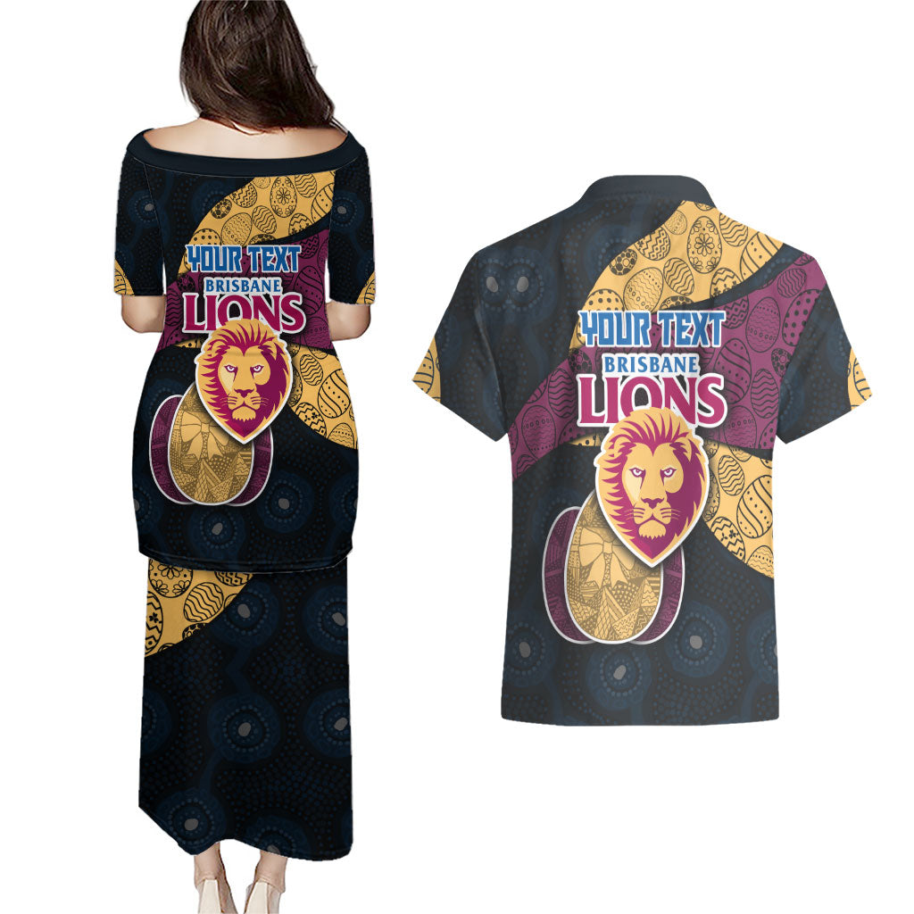 Personalized Brisbane Lions Football Couples Matching Puletasi and Hawaiian Shirt Easter Egg Pattern Maroon Gold Tribal Dot Art Style