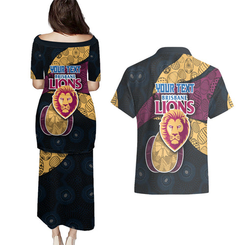 Personalized Brisbane Lions Football Couples Matching Puletasi and Hawaiian Shirt Easter Egg Pattern Maroon Gold Tribal Dot Art Style