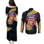 Personalized Brisbane Lions Football Couples Matching Puletasi and Long Sleeve Button Shirt Easter Egg Pattern Maroon Gold Tribal Dot Art Style