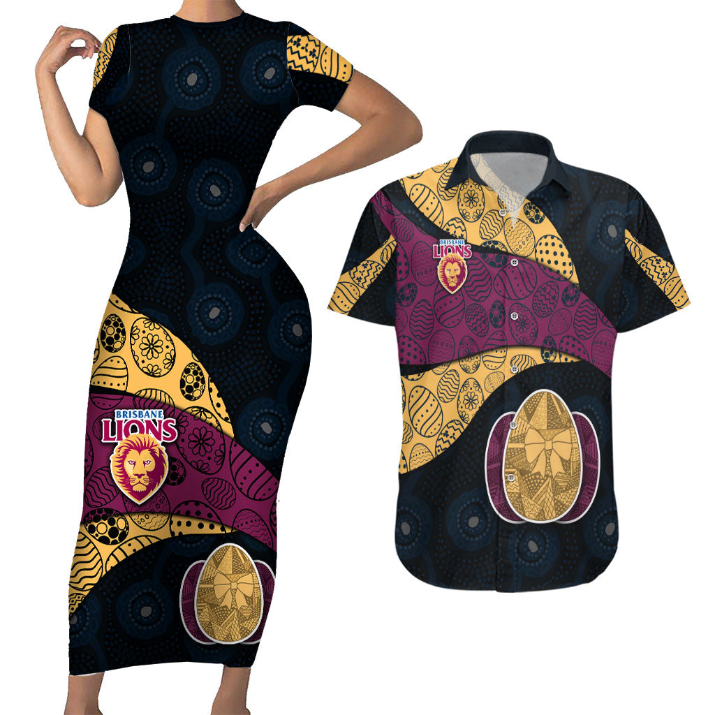 Personalized Brisbane Lions Football Couples Matching Short Sleeve Bodycon Dress and Hawaiian Shirt Easter Egg Pattern Maroon Gold Tribal Dot Art Style