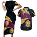 Personalized Brisbane Lions Football Couples Matching Short Sleeve Bodycon Dress and Hawaiian Shirt Easter Egg Pattern Maroon Gold Tribal Dot Art Style
