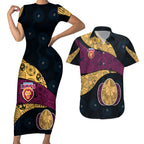 Personalized Brisbane Lions Football Couples Matching Short Sleeve Bodycon Dress and Hawaiian Shirt Easter Egg Pattern Maroon Gold Tribal Dot Art Style