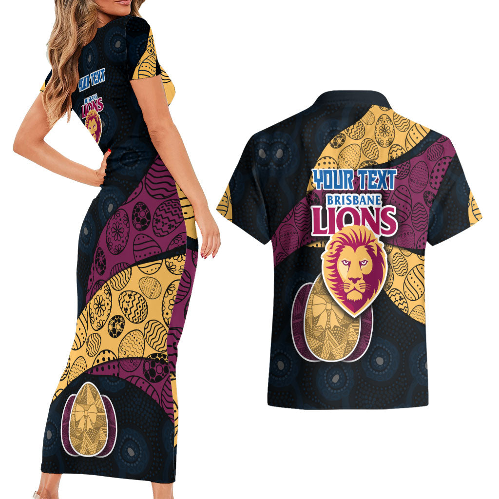 Personalized Brisbane Lions Football Couples Matching Short Sleeve Bodycon Dress and Hawaiian Shirt Easter Egg Pattern Maroon Gold Tribal Dot Art Style