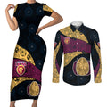Personalized Brisbane Lions Football Couples Matching Short Sleeve Bodycon Dress and Long Sleeve Button Shirt Easter Egg Pattern Maroon Gold Tribal Dot Art Style