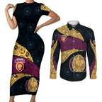 Personalized Brisbane Lions Football Couples Matching Short Sleeve Bodycon Dress and Long Sleeve Button Shirt Easter Egg Pattern Maroon Gold Tribal Dot Art Style
