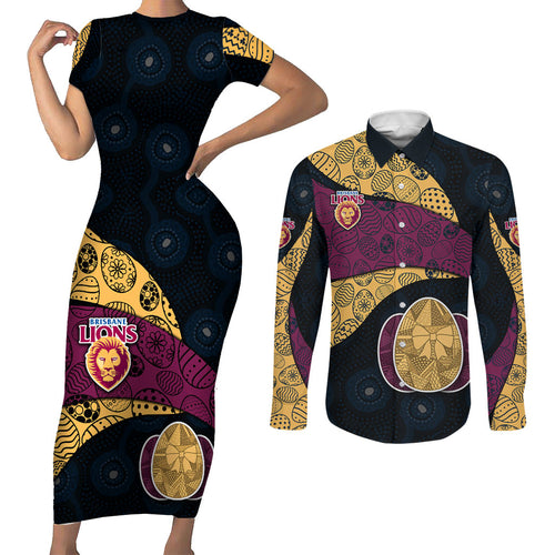 Personalized Brisbane Lions Football Couples Matching Short Sleeve Bodycon Dress and Long Sleeve Button Shirt Easter Egg Pattern Maroon Gold Tribal Dot Art Style