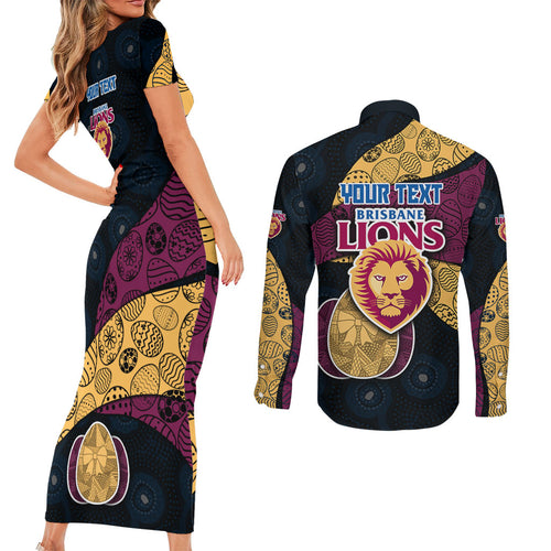 Personalized Brisbane Lions Football Couples Matching Short Sleeve Bodycon Dress and Long Sleeve Button Shirt Easter Egg Pattern Maroon Gold Tribal Dot Art Style