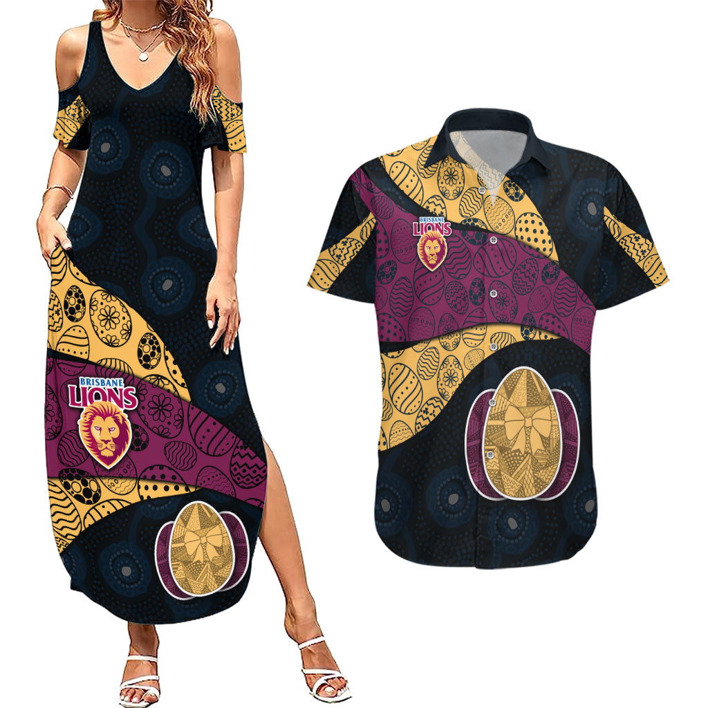 Personalized Brisbane Lions Football Couples Matching Summer Maxi Dress and Hawaiian Shirt Easter Egg Pattern Maroon Gold Tribal Dot Art Style