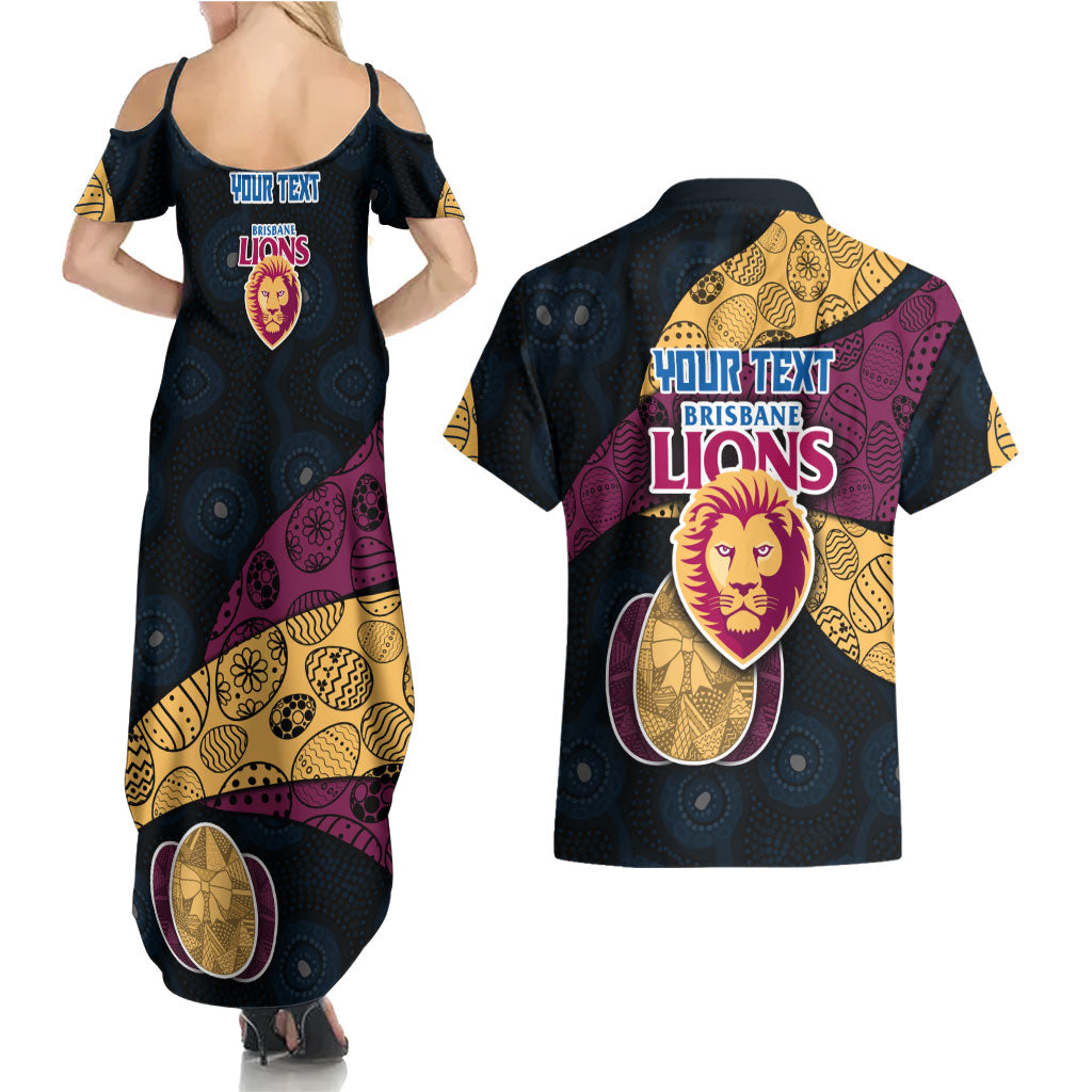 Personalized Brisbane Lions Football Couples Matching Summer Maxi Dress and Hawaiian Shirt Easter Egg Pattern Maroon Gold Tribal Dot Art Style