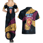 Personalized Brisbane Lions Football Couples Matching Summer Maxi Dress and Hawaiian Shirt Easter Egg Pattern Maroon Gold Tribal Dot Art Style