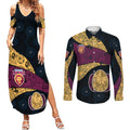 Personalized Brisbane Lions Football Couples Matching Summer Maxi Dress and Long Sleeve Button Shirt Easter Egg Pattern Maroon Gold Tribal Dot Art Style