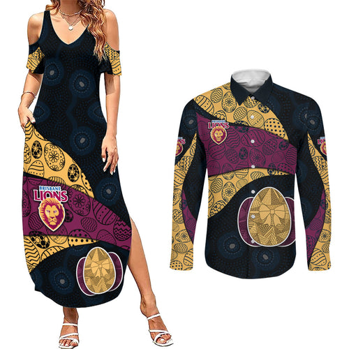 Personalized Brisbane Lions Football Couples Matching Summer Maxi Dress and Long Sleeve Button Shirt Easter Egg Pattern Maroon Gold Tribal Dot Art Style