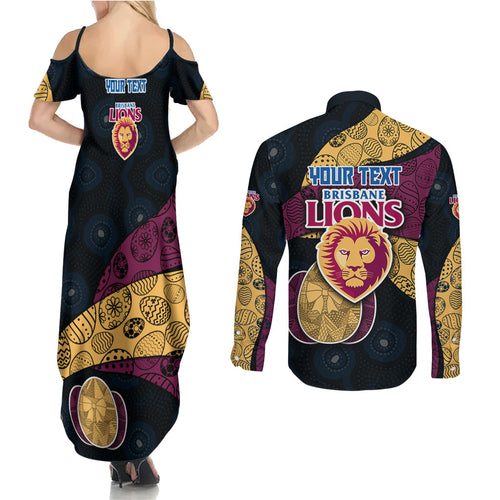 Personalized Brisbane Lions Football Couples Matching Summer Maxi Dress and Long Sleeve Button Shirt Easter Egg Pattern Maroon Gold Tribal Dot Art Style