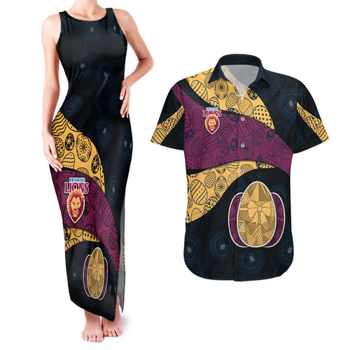 Personalized Brisbane Lions Football Couples Matching Tank Maxi Dress and Hawaiian Shirt Easter Egg Pattern Maroon Gold Tribal Dot Art Style