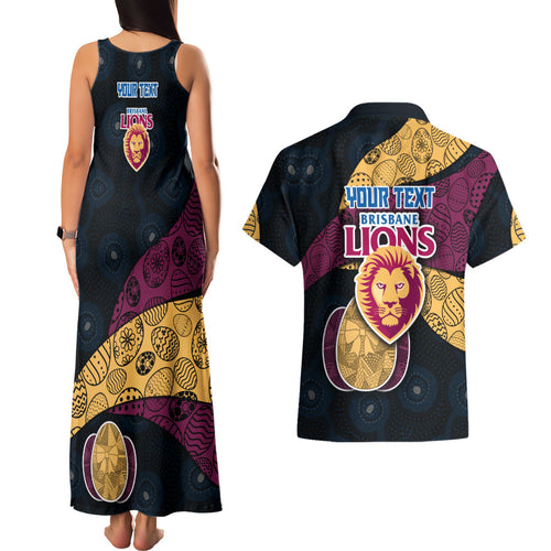 Personalized Brisbane Lions Football Couples Matching Tank Maxi Dress and Hawaiian Shirt Easter Egg Pattern Maroon Gold Tribal Dot Art Style