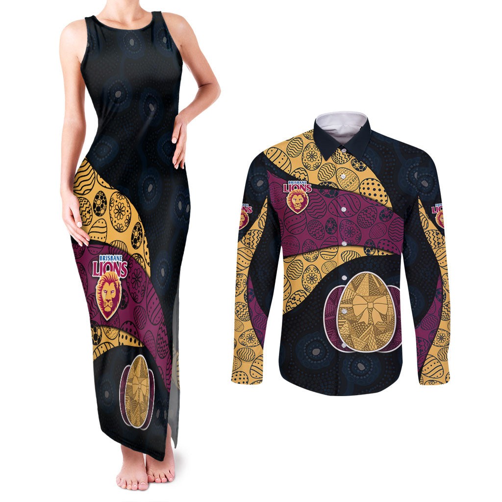 Personalized Brisbane Lions Football Couples Matching Tank Maxi Dress and Long Sleeve Button Shirt Easter Egg Pattern Maroon Gold Tribal Dot Art Style