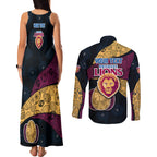 Personalized Brisbane Lions Football Couples Matching Tank Maxi Dress and Long Sleeve Button Shirt Easter Egg Pattern Maroon Gold Tribal Dot Art Style