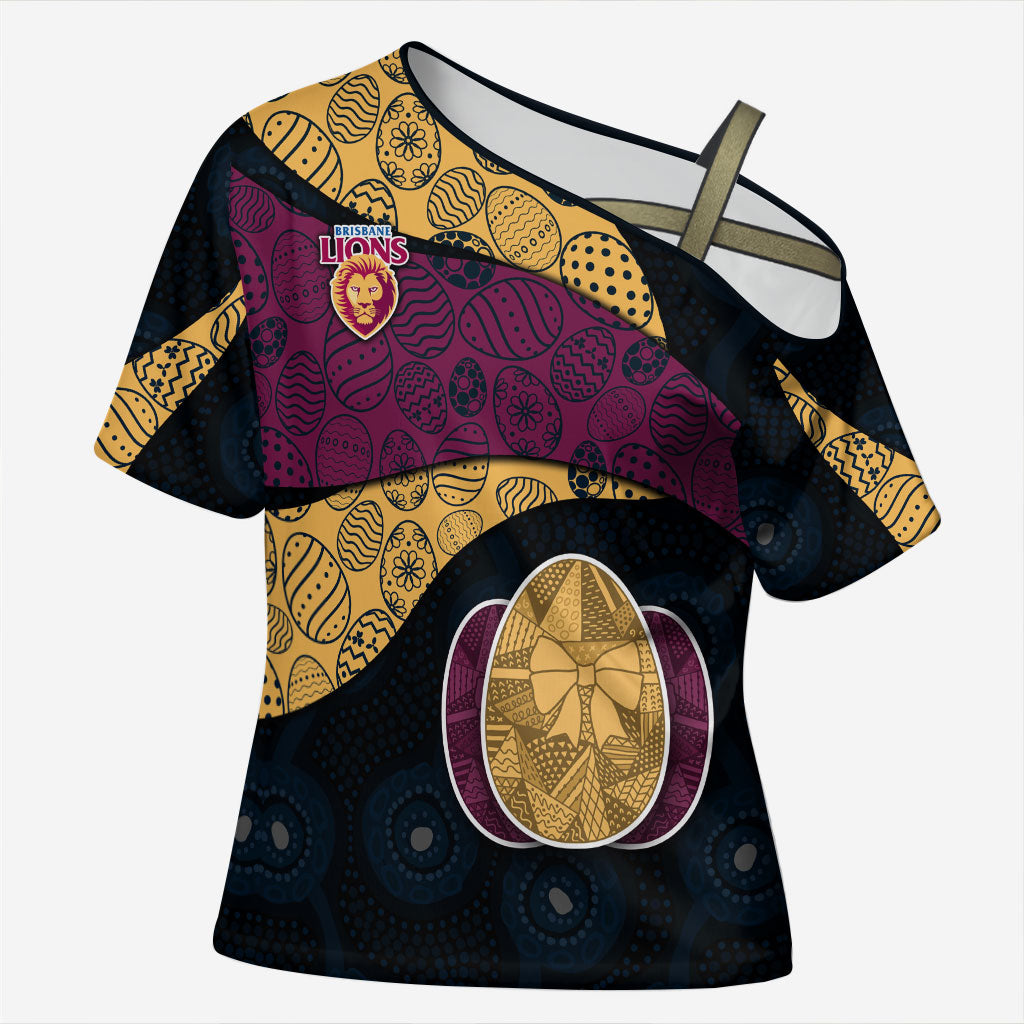 Personalized Brisbane Lions Football Cross Shoulder Shirt Easter Egg Pattern Maroon Gold Tribal Dot Art Style