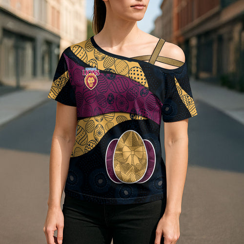Personalized Brisbane Lions Football Cross Shoulder Shirt Easter Egg Pattern Maroon Gold Tribal Dot Art Style