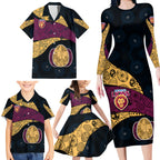 Personalized Brisbane Lions Football Family Matching Long Sleeve Bodycon Dress and Hawaiian Shirt Easter Egg Pattern Maroon Gold Tribal Dot Art Style