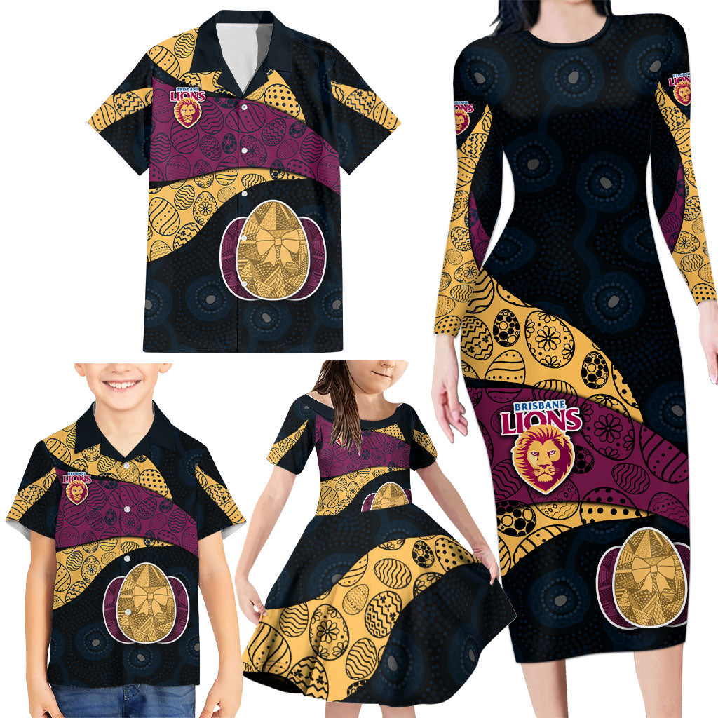 Personalized Brisbane Lions Football Family Matching Long Sleeve Bodycon Dress and Hawaiian Shirt Easter Egg Pattern Maroon Gold Tribal Dot Art Style