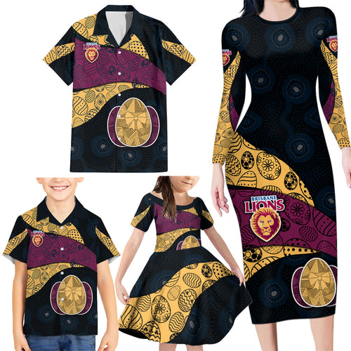 Personalized Brisbane Lions Football Family Matching Long Sleeve Bodycon Dress and Hawaiian Shirt Easter Egg Pattern Maroon Gold Tribal Dot Art Style