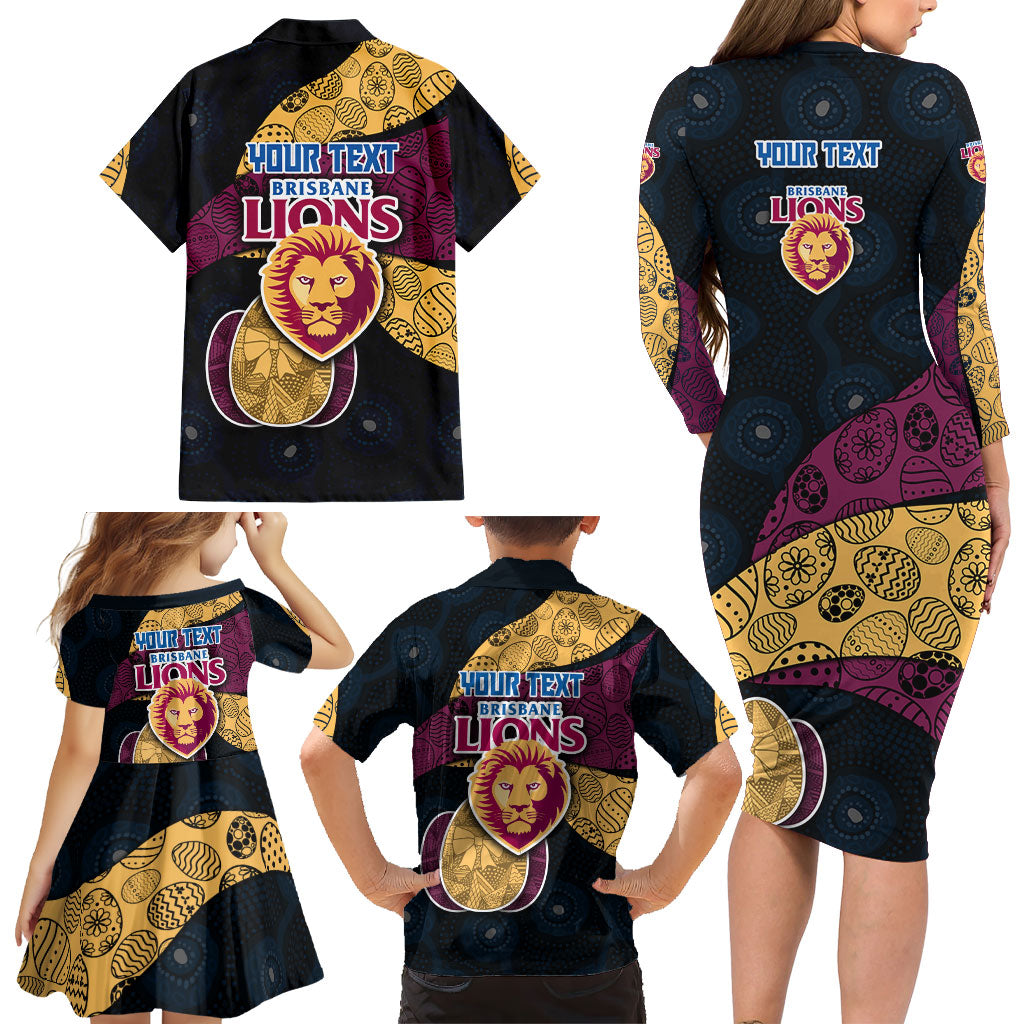 Personalized Brisbane Lions Football Family Matching Long Sleeve Bodycon Dress and Hawaiian Shirt Easter Egg Pattern Maroon Gold Tribal Dot Art Style