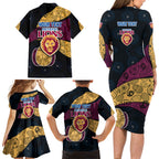 Personalized Brisbane Lions Football Family Matching Long Sleeve Bodycon Dress and Hawaiian Shirt Easter Egg Pattern Maroon Gold Tribal Dot Art Style