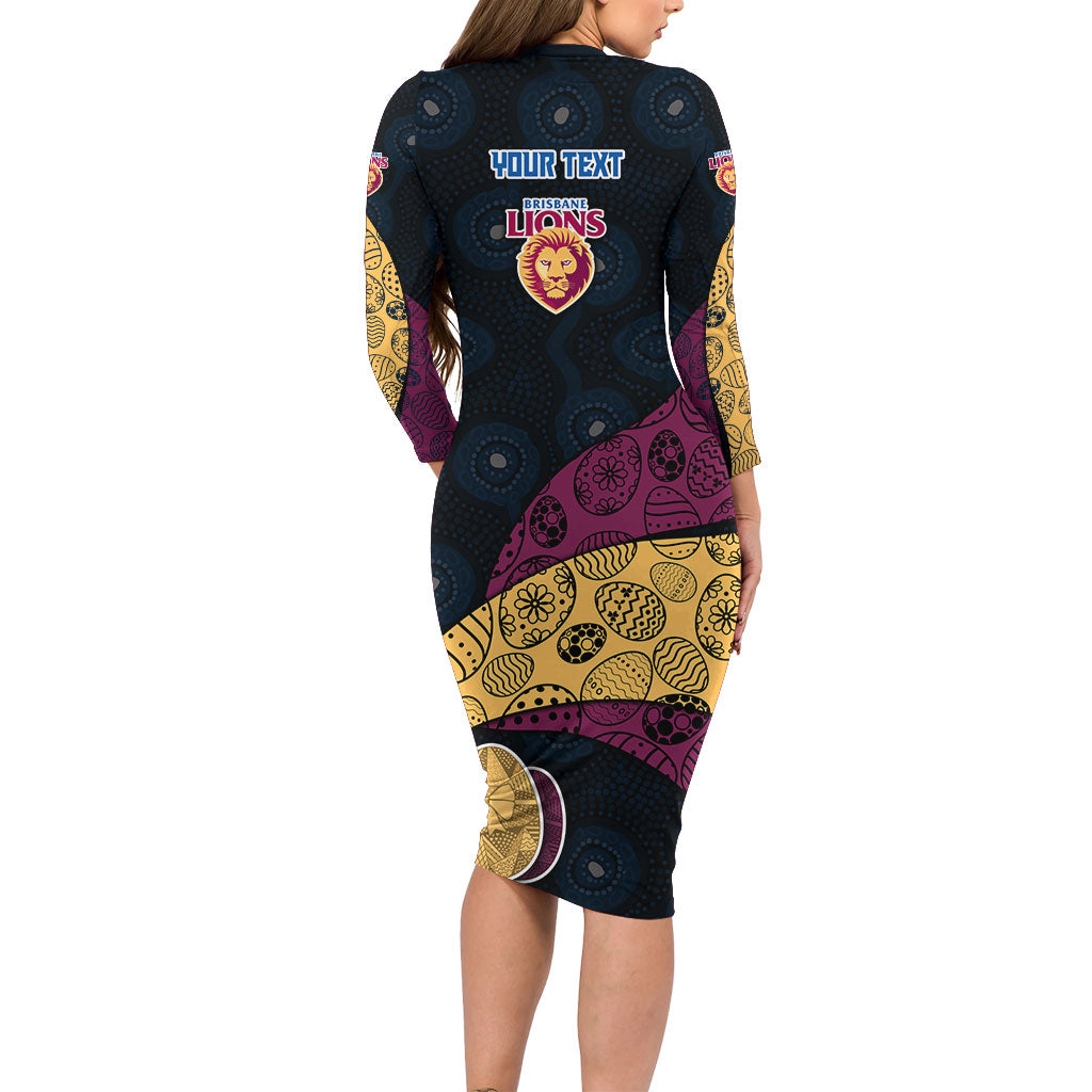 Personalized Brisbane Lions Football Family Matching Long Sleeve Bodycon Dress and Hawaiian Shirt Easter Egg Pattern Maroon Gold Tribal Dot Art Style