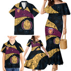 Personalized Brisbane Lions Football Family Matching Mermaid Dress and Hawaiian Shirt Easter Egg Pattern Maroon Gold Tribal Dot Art Style