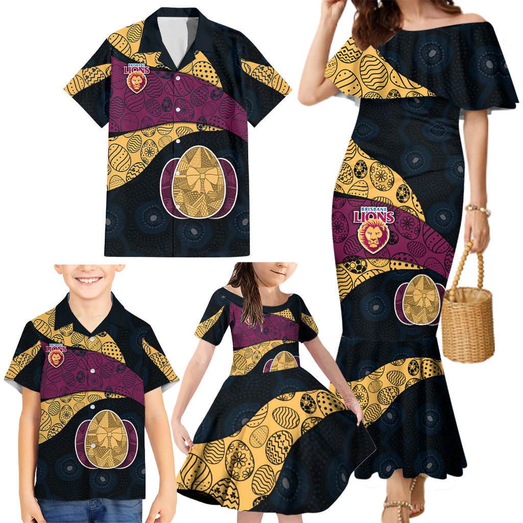 Personalized Brisbane Lions Football Family Matching Mermaid Dress and Hawaiian Shirt Easter Egg Pattern Maroon Gold Tribal Dot Art Style