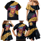 Personalized Brisbane Lions Football Family Matching Mermaid Dress and Hawaiian Shirt Easter Egg Pattern Maroon Gold Tribal Dot Art Style