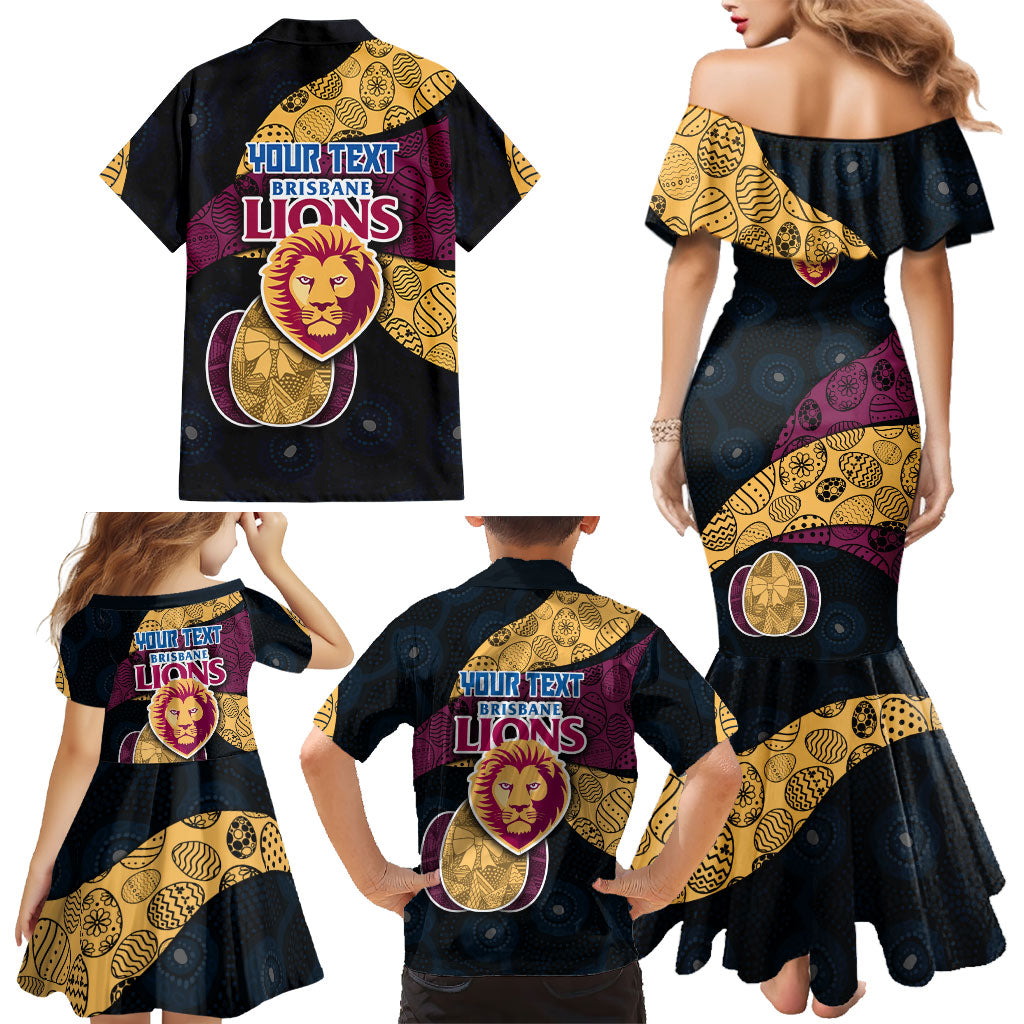 Personalized Brisbane Lions Football Family Matching Mermaid Dress and Hawaiian Shirt Easter Egg Pattern Maroon Gold Tribal Dot Art Style