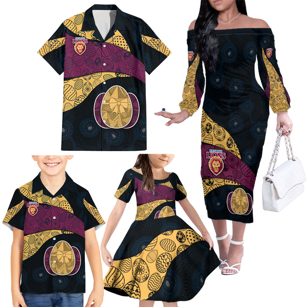 Personalized Brisbane Lions Football Family Matching Off The Shoulder Long Sleeve Dress and Hawaiian Shirt Easter Egg Pattern Maroon Gold Tribal Dot Art Style