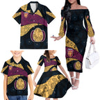 Personalized Brisbane Lions Football Family Matching Off The Shoulder Long Sleeve Dress and Hawaiian Shirt Easter Egg Pattern Maroon Gold Tribal Dot Art Style