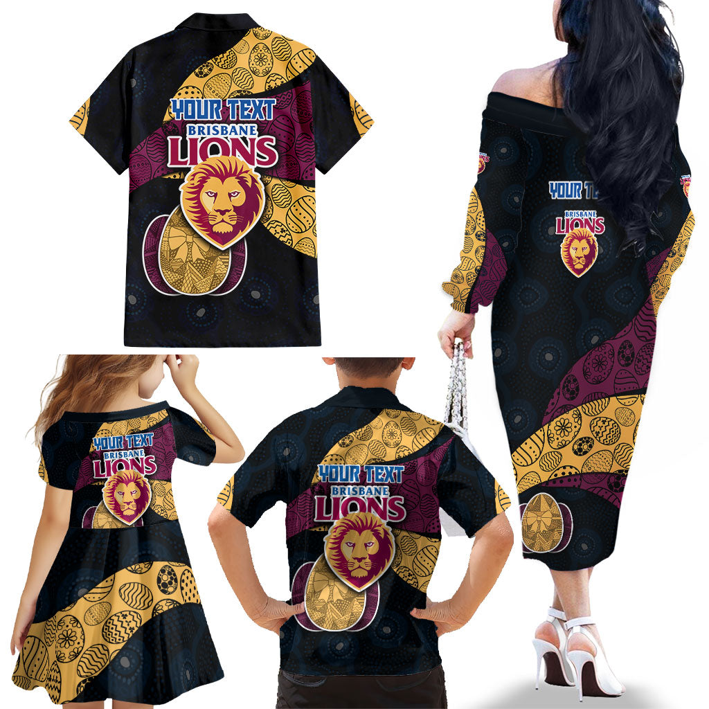 Personalized Brisbane Lions Football Family Matching Off The Shoulder Long Sleeve Dress and Hawaiian Shirt Easter Egg Pattern Maroon Gold Tribal Dot Art Style