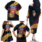 Personalized Brisbane Lions Football Family Matching Off The Shoulder Long Sleeve Dress and Hawaiian Shirt Easter Egg Pattern Maroon Gold Tribal Dot Art Style