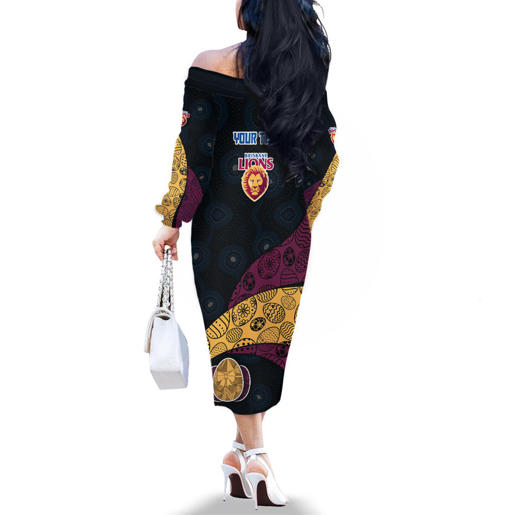 Personalized Brisbane Lions Football Family Matching Off The Shoulder Long Sleeve Dress and Hawaiian Shirt Easter Egg Pattern Maroon Gold Tribal Dot Art Style
