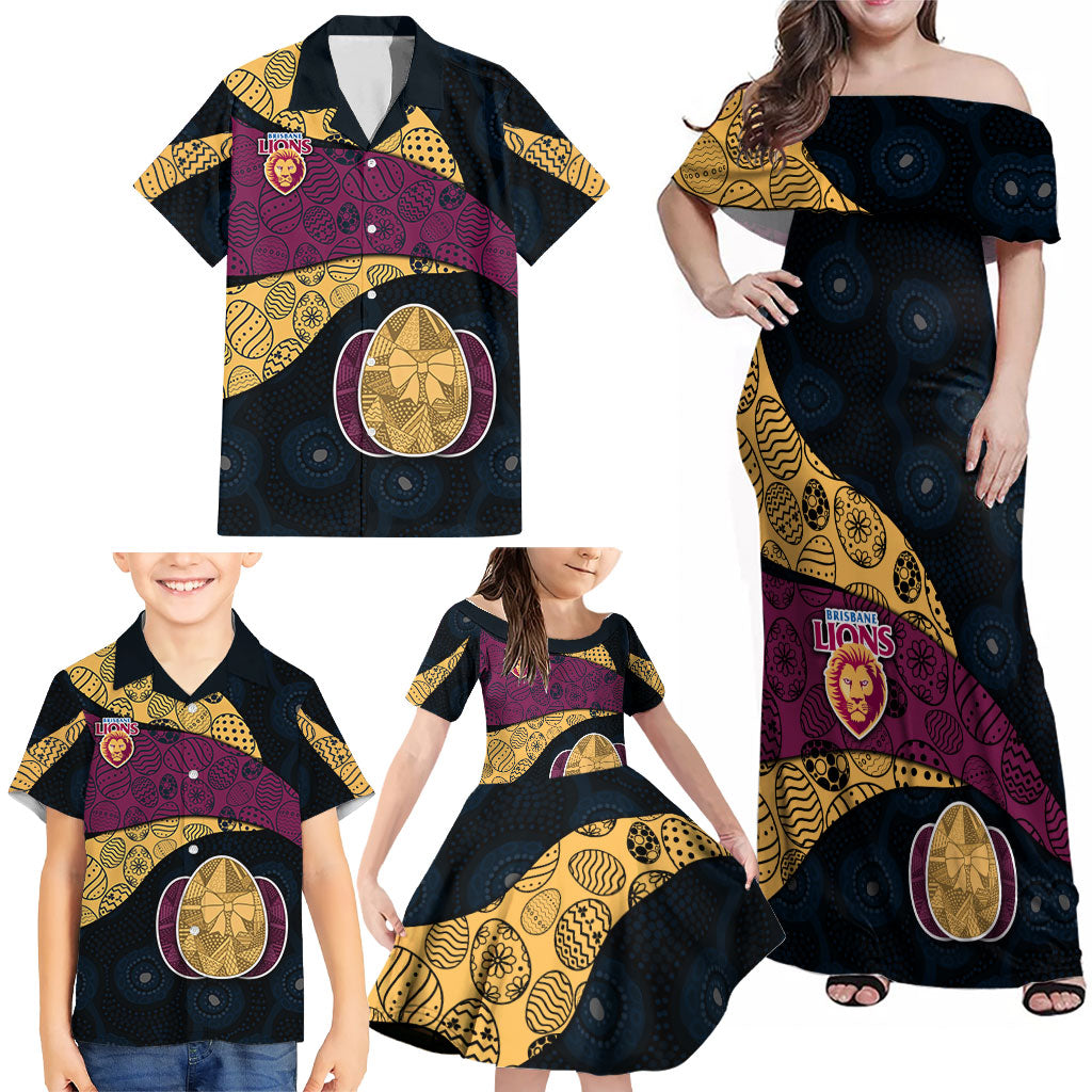 Personalized Brisbane Lions Football Family Matching Off Shoulder Maxi Dress and Hawaiian Shirt Easter Egg Pattern Maroon Gold Tribal Dot Art Style