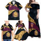 Personalized Brisbane Lions Football Family Matching Off Shoulder Maxi Dress and Hawaiian Shirt Easter Egg Pattern Maroon Gold Tribal Dot Art Style