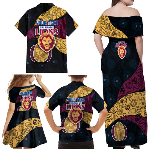Personalized Brisbane Lions Football Family Matching Off Shoulder Maxi Dress and Hawaiian Shirt Easter Egg Pattern Maroon Gold Tribal Dot Art Style