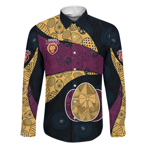 Personalized Brisbane Lions Football Family Matching Off Shoulder Maxi Dress and Hawaiian Shirt Easter Egg Pattern Maroon Gold Tribal Dot Art Style