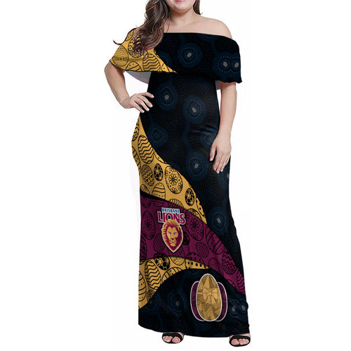 Personalized Brisbane Lions Football Family Matching Off Shoulder Maxi Dress and Hawaiian Shirt Easter Egg Pattern Maroon Gold Tribal Dot Art Style