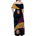 Personalized Brisbane Lions Football Family Matching Off Shoulder Maxi Dress and Hawaiian Shirt Easter Egg Pattern Maroon Gold Tribal Dot Art Style
