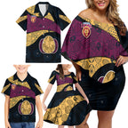 Personalized Brisbane Lions Football Family Matching Off Shoulder Short Dress and Hawaiian Shirt Easter Egg Pattern Maroon Gold Tribal Dot Art Style